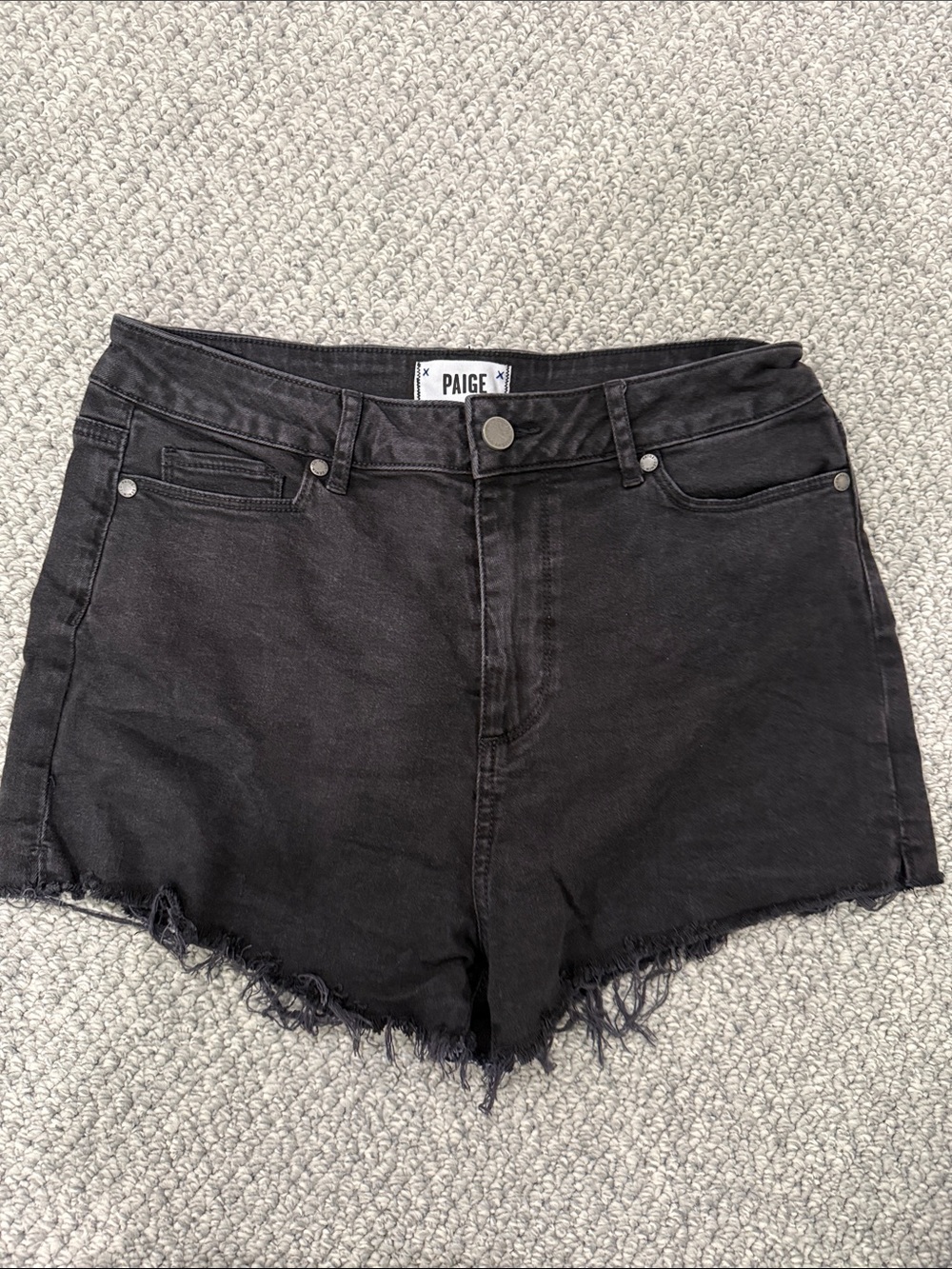 PAIGE Black High-Rise Frayed Denim Shorts